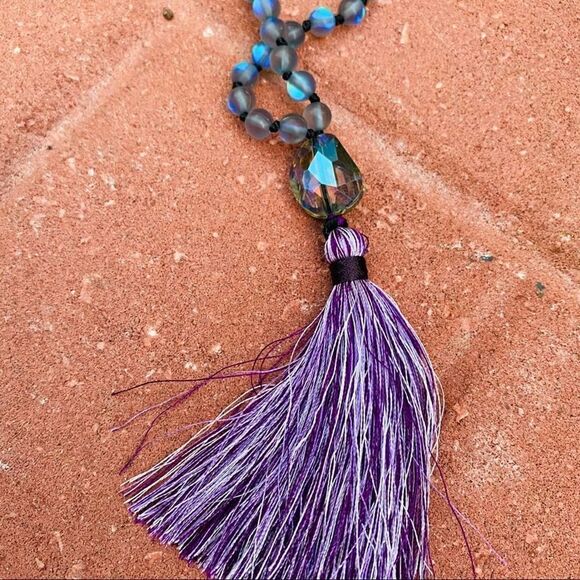 Spiritual Mystery Gemstone Mala Necklace Labradorite and Mermaid Glass - Picture 6 of 6